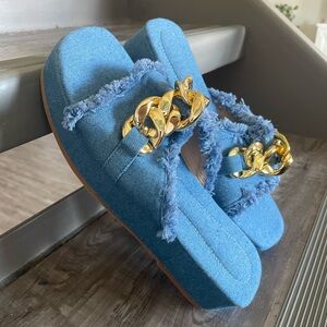 Blue Frayed Denim Platforms with Gold Chain